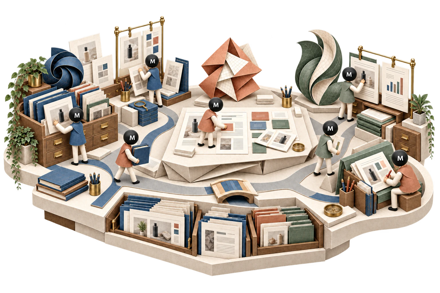 OPC Content Studio installed: seven agents at their stations in a paper workshop, passing work between them