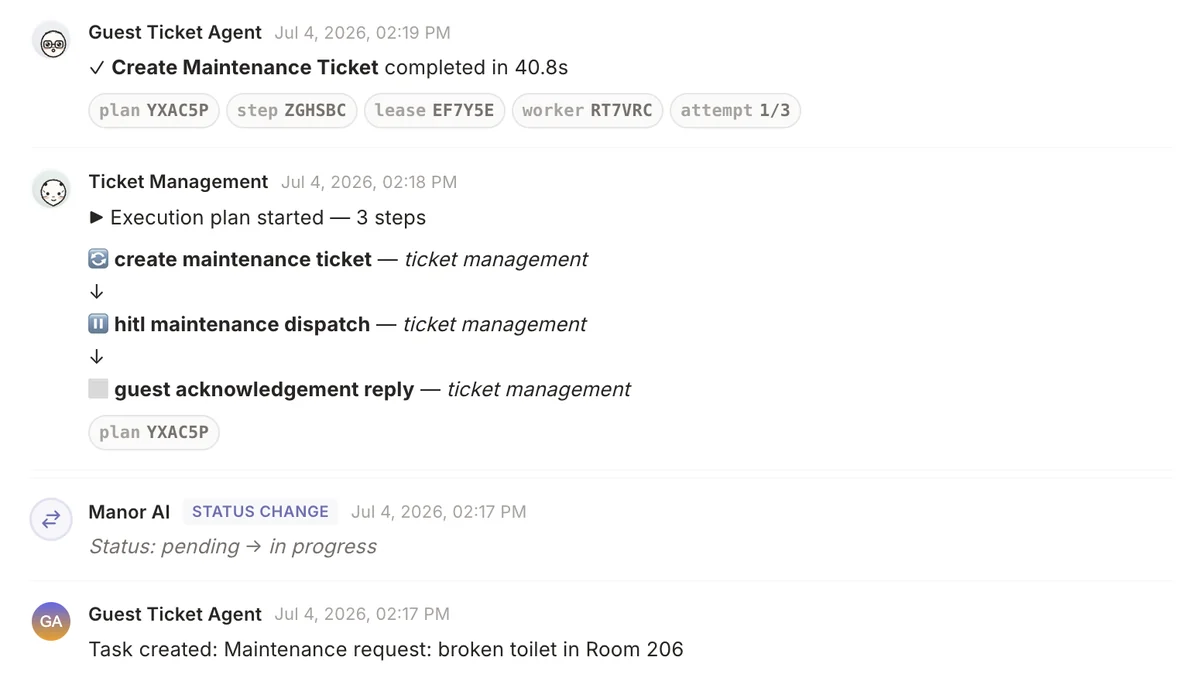 Manor task activity: an execution plan with three steps, a step completed in 40.8 seconds, and the status change