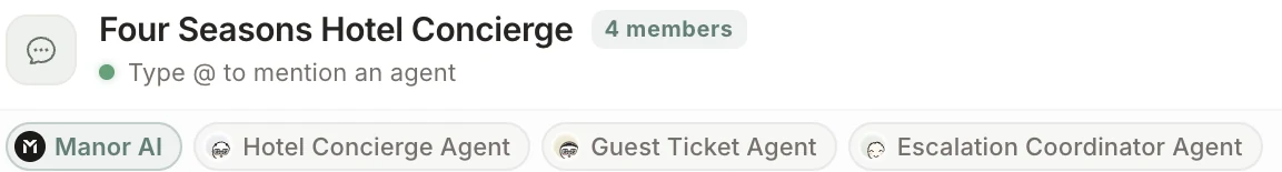 Workspace header with its agent team: Manor AI, Hotel Concierge Agent, Guest Ticket Agent and Escalation Coordinator Agent