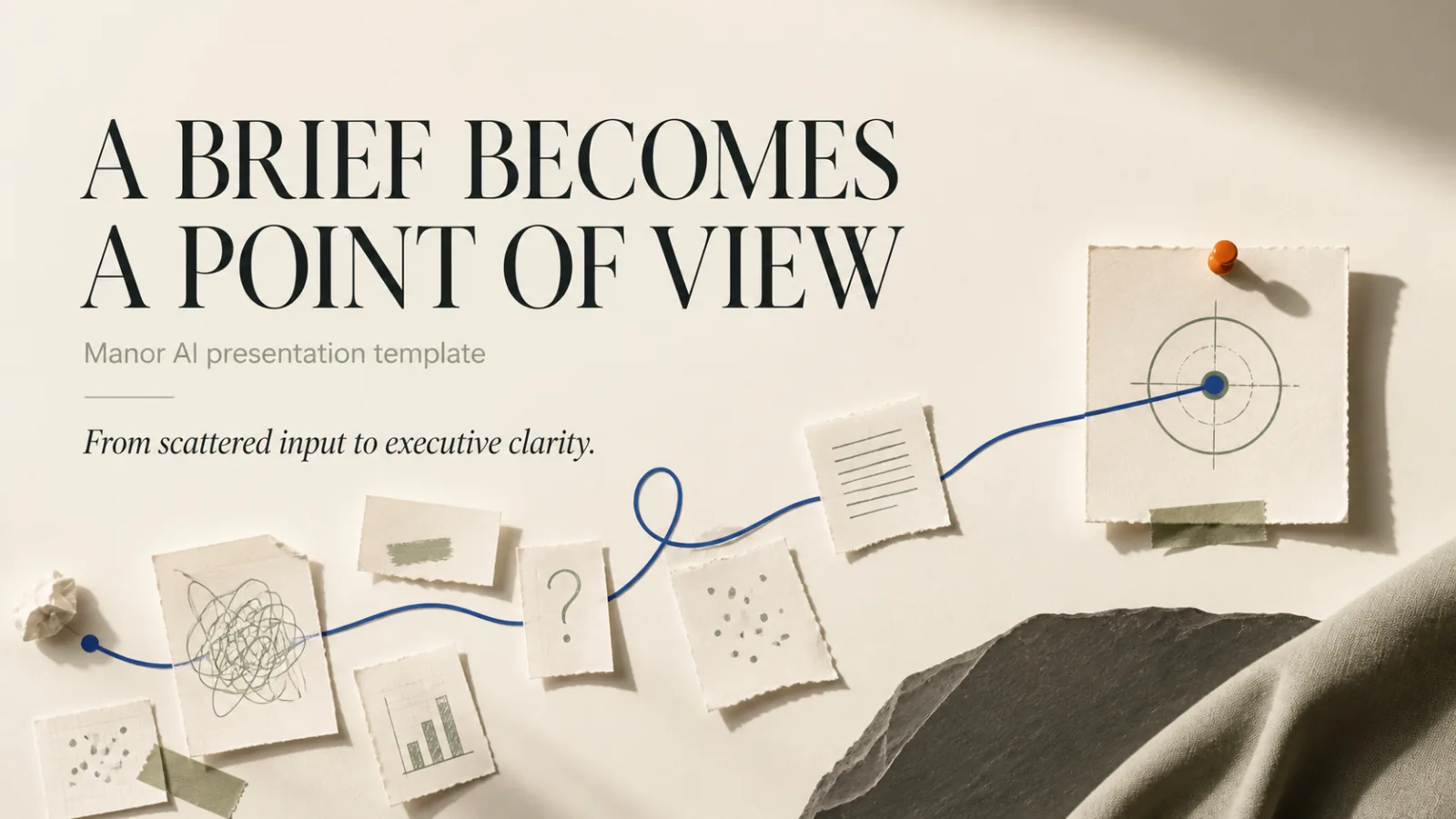 Cover slide titled A brief becomes a point of view, with paper notes joined by a thread into a target