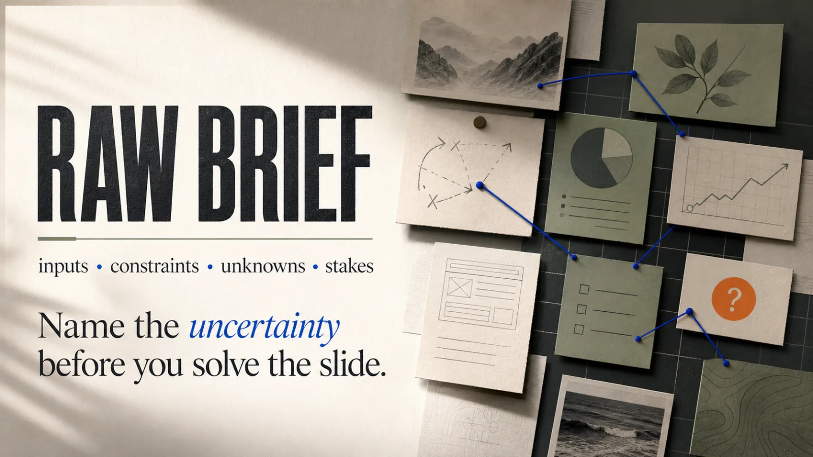 Raw brief slide listing inputs, constraints, unknowns and stakes beside a pinned board of notes